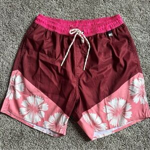 Agua Bendita Red and Pink Floral Surf Trunks Shorts